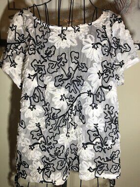 Anthropologie Meadow Rue Sheer Lace Blouse L Cream Black Floral Cottagecore Boho